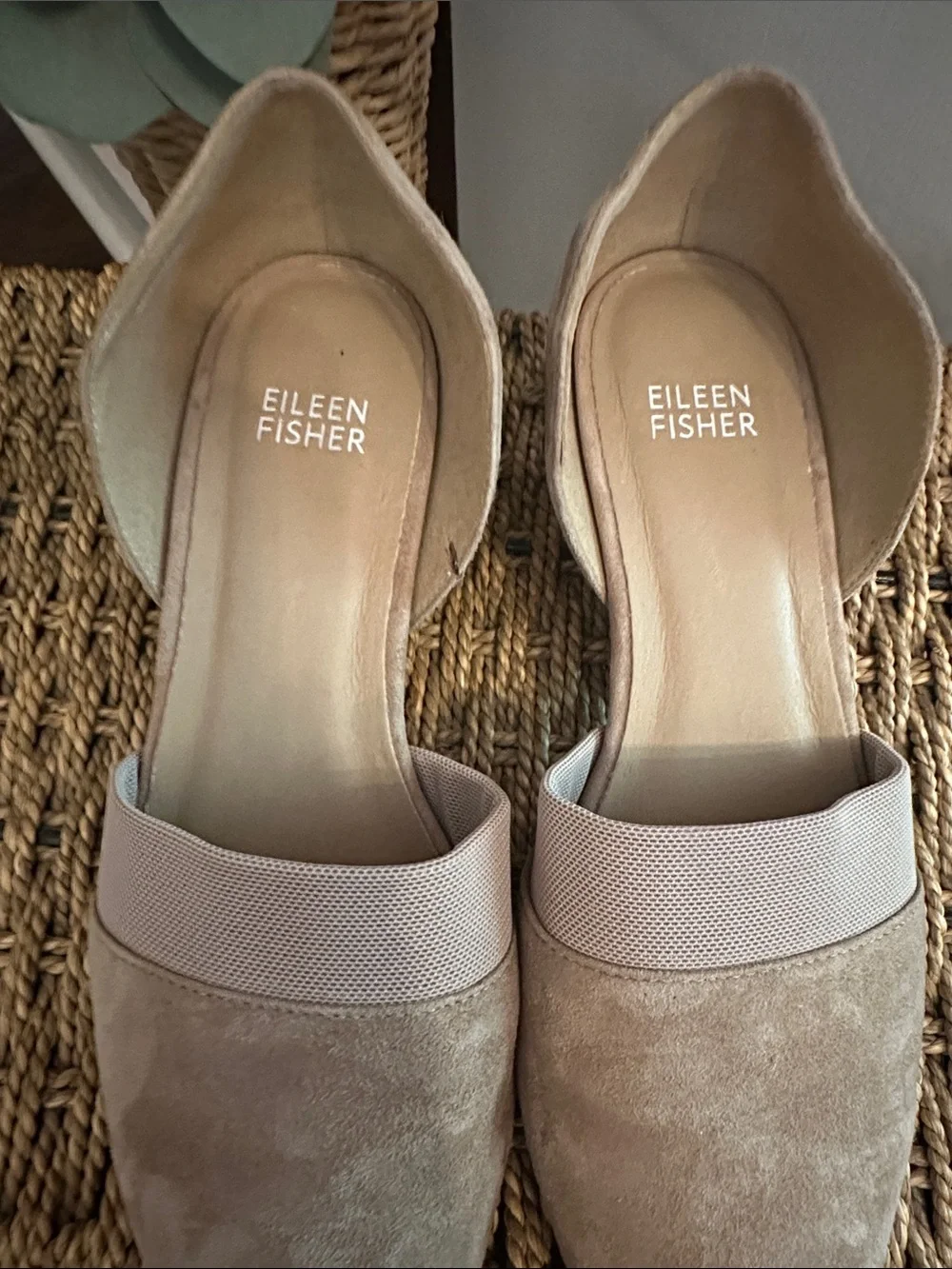 Eileen Fisher Hilly D’Orsay 7 tan suede mesh slip on 2” heel wedge shoes